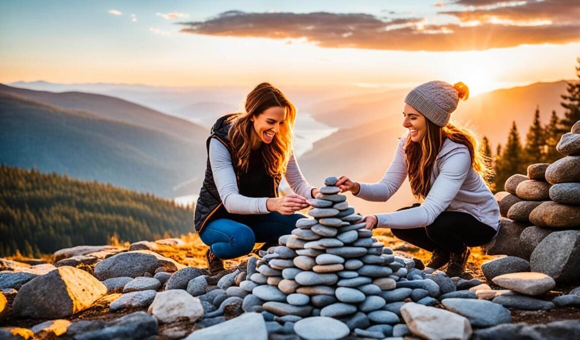 Nurturing friendships is like building a stone structure- each stone symbolizing a different trait of a strong friendship, such as trust, loyalty, communication, and support.