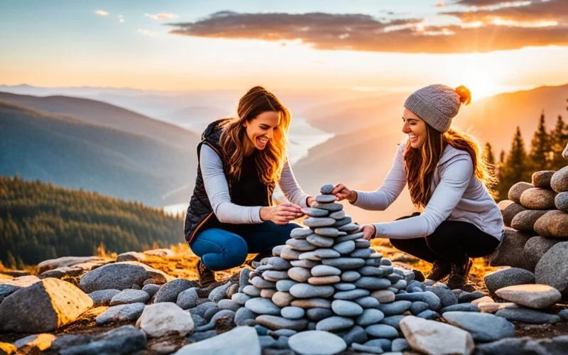 Nurturing friendships is like building a stone structure- each stone symbolizing a different trait of a strong friendship, such as trust, loyalty, communication, and support.